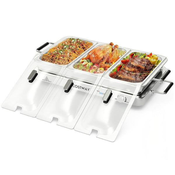 Costway® - Rechaud Elétrico Inox 3 em 1 com Tampa de Vidro
